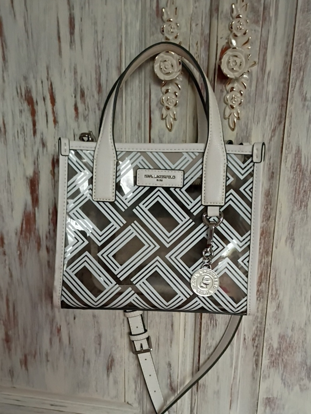 Karl Lagerfeld  White Geometric Print On Clear Vinyl Bag with Charm